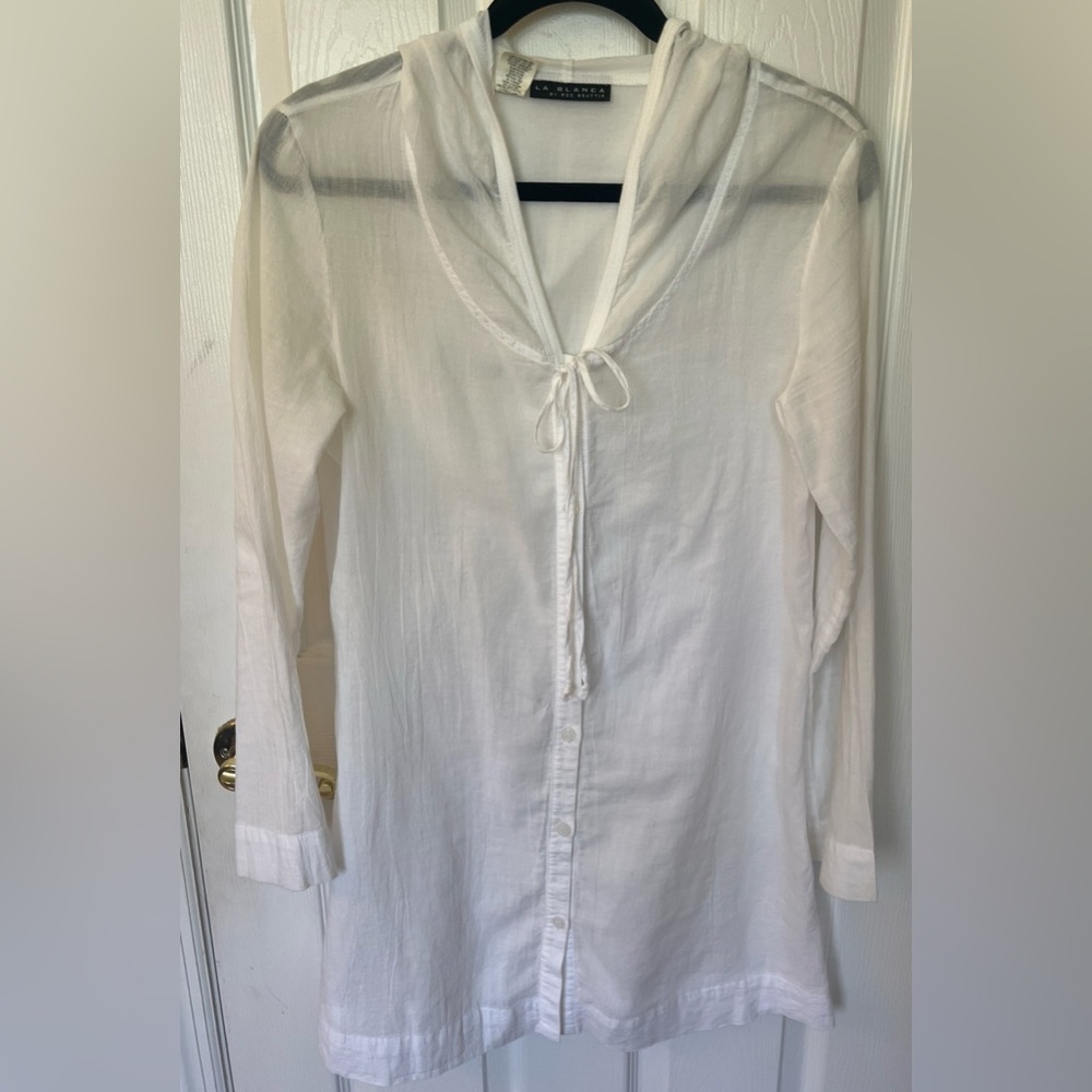 La Blanca Womens Sz S White Casual No Frills V-Neck Cotton Swim Cover up w hood